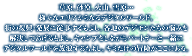 草原、砂漠、火山、雪原…様々なエリアからなるデジタルワールド。