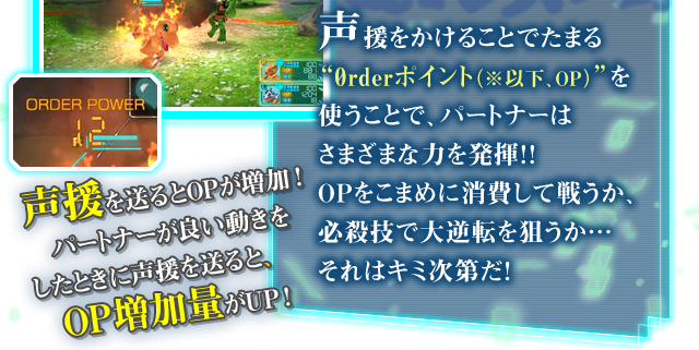 声援をかけることでたまる“0rderポイント”を使うことで、パートナーはさまざまな力を発揮！！